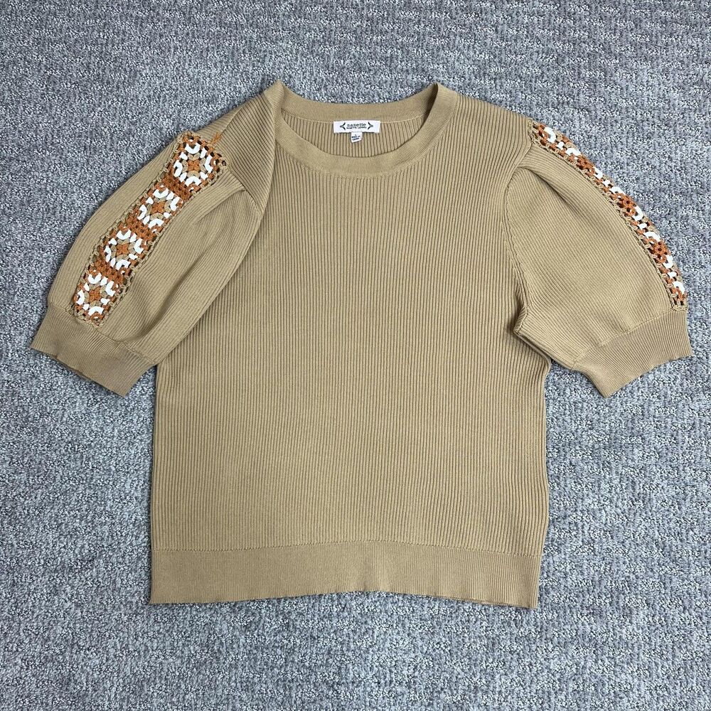 Nanette Lepore Sweater Womens Large Beige Puff Sleeve Crochet Granny Square